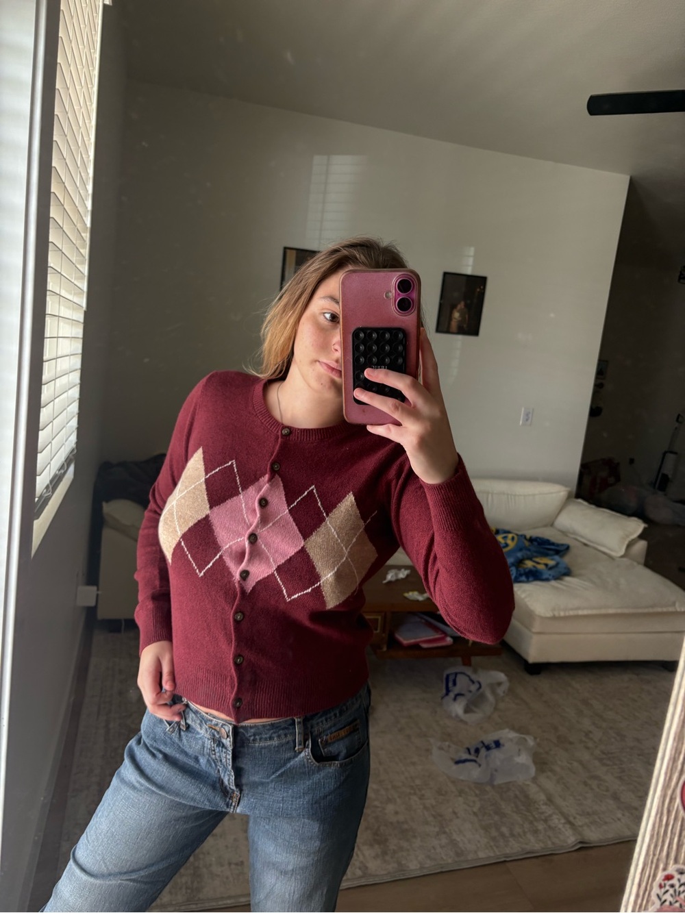 Old Navy Burgundy Argyle Button Cardigan with Pink and Cream Diamonds